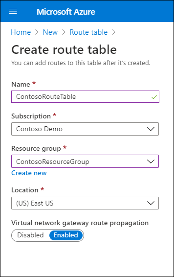 A screenshot of the Create route table page in the Azure portal. The administrator has defined the Name as ContosoRouteTable, and selected Enabled for the Virtual network gateway route propagation value.