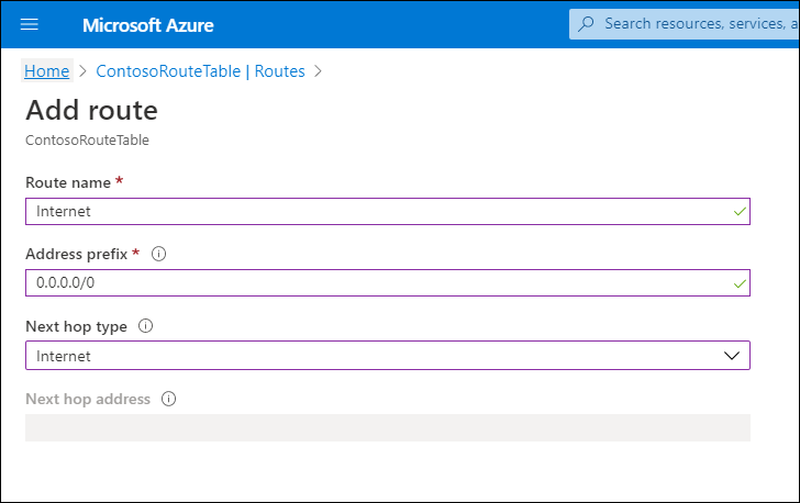 A screenshot of the Add route page in the Azure portal. The administrator has defined the route name as Internet, the address prefix as 0.0.0.0/0, and the Next hop type as Internet. 