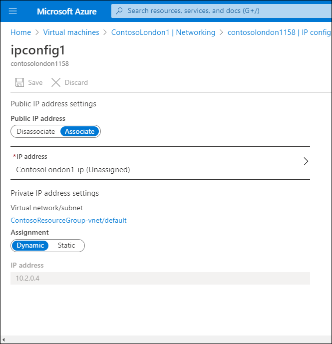 Screenshot of the Azure portal ipconfig1 page for a selected Azure network interface. Under Public IP address settings, the public IP address is set to Associate, and under Private IP address settings, Assignment is set to Dynamic.
