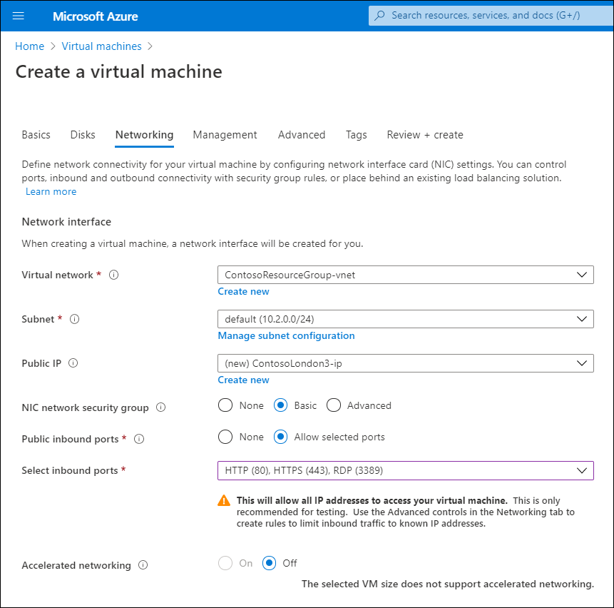 Screenshot of the Create a virtual machine page in the Azure portal. The administrator has accepted the default settings for this VM in ContosoResourceGroup. The device is attached to the ContosoResourceGroup-vnet, and is assigned onto a private IPv4 subnet. The VM also has a default public IPv4 address.