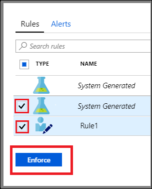 A screenshot of the Rules tab. The administrator has selected two rules to apply.