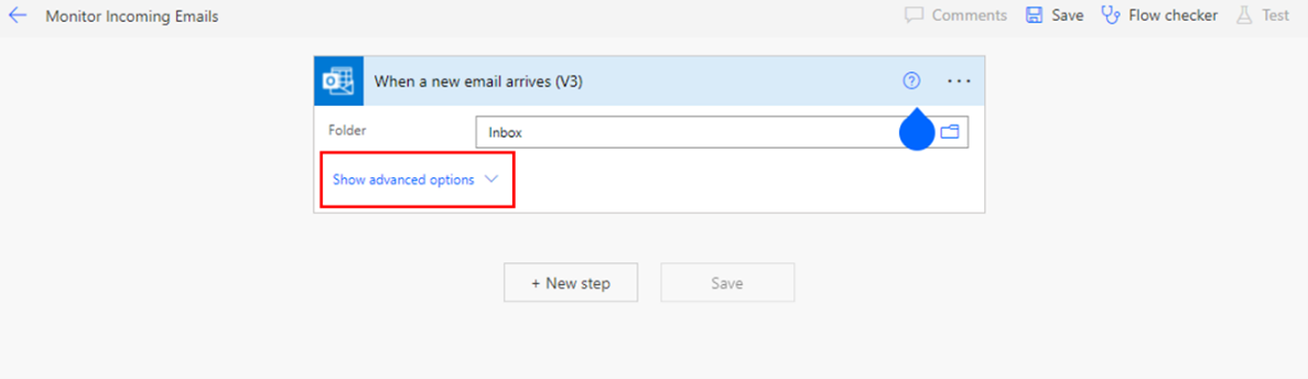 Screenshot of the advanced options link for the When a new email arrives (V3) option in the Build an automated cloud flow interface.