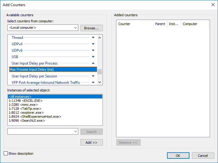 Screenshot showing how to select User Input Delay per Process or User Input Delay per Session.