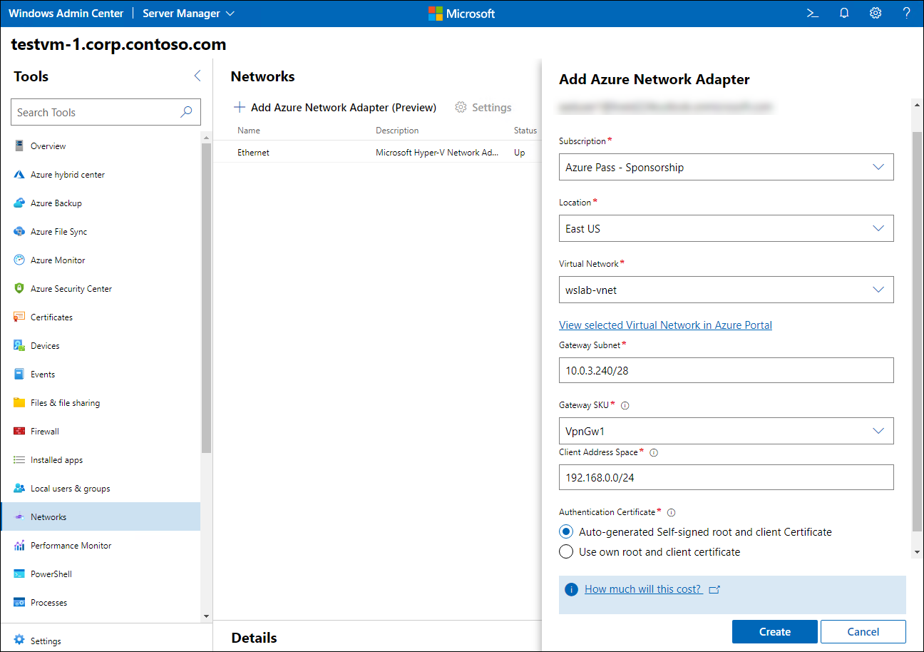 The screenshot depicts the Windows Admin Center interface that prompts you for the required information, including the Azure subscription and region hosting the target virtual network, the virtual network name, the IP address range of the Gateway subnet, the virtual network gateway SKU, the IP address range allocated to VPN clients, and the authentication certificate details. If you select the self-signed option, Windows Admin Center will automatically generate the root and client certificates for you.