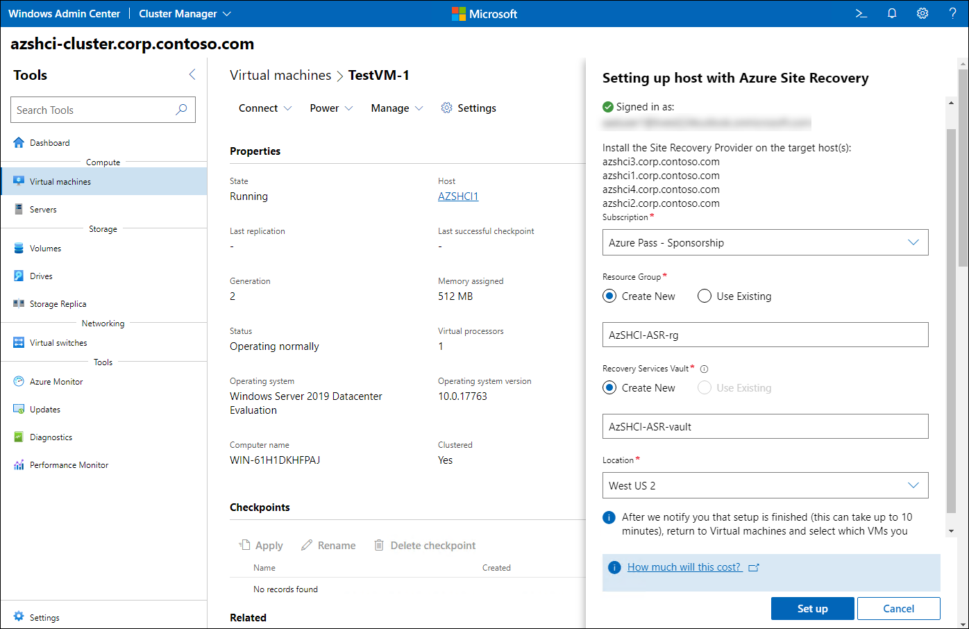 The screenshot depicts how Windows Admin Center offers the option to onboard an Azure Stack HCI cluster to Azure Site Recovery, which automatically provisions all required Azure components, including the target Azure Recovery Services vault and the storage account required for replication, and installs the Site Recovery Provider on the cluster nodes.