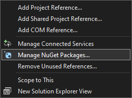 Screenshot of Visual Studio option for manage NuGet packages.