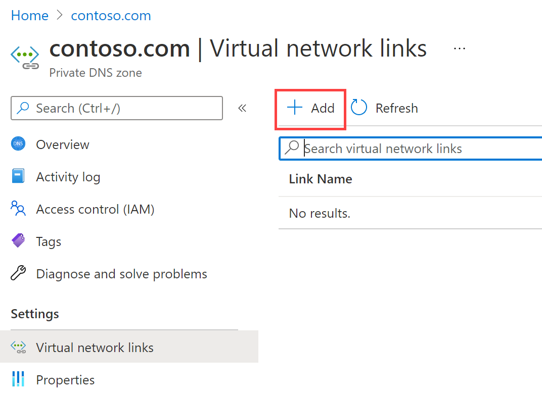 Azure portal screenshot of network links.