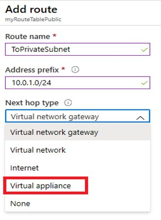 Screenshot of the Add route page. The Next hop type drop-down is highlighted. Virtual appliance is selected.