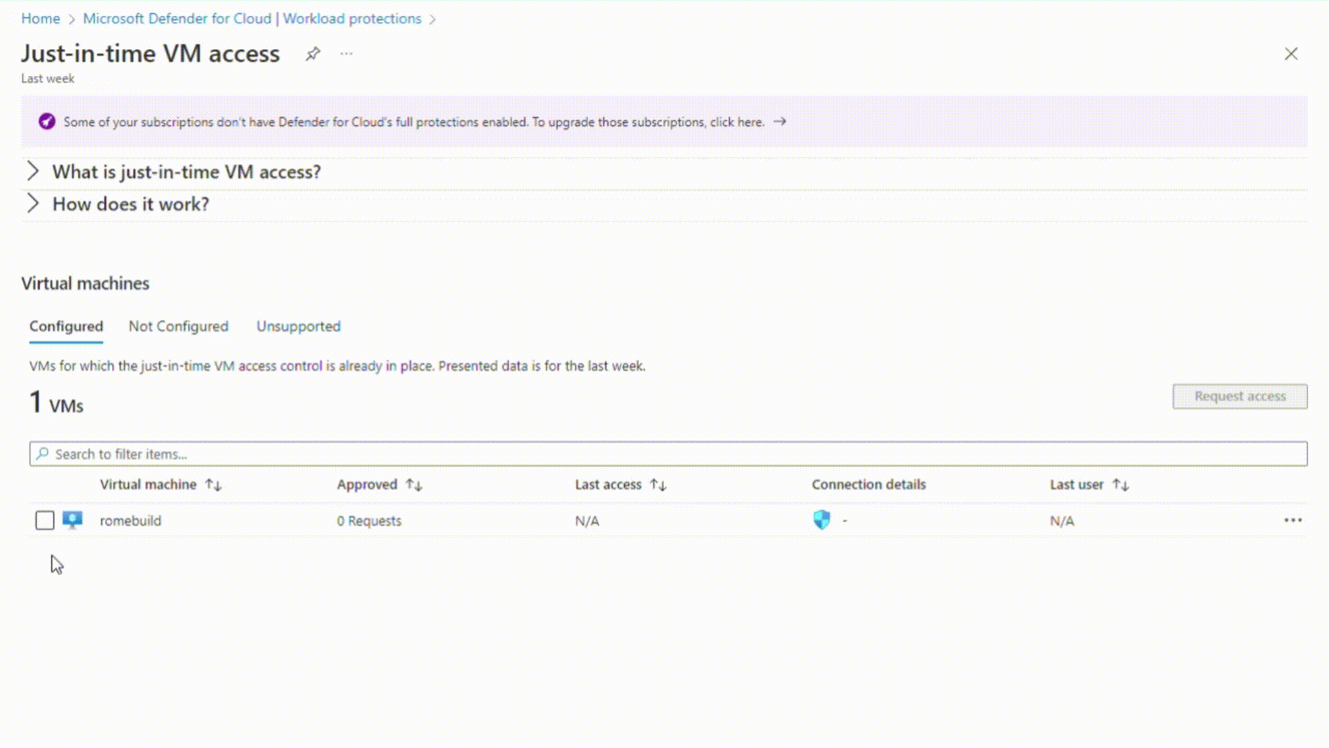 Screenshot showing how to enable just in time virtual machine from Microsoft Defender for Cloud.