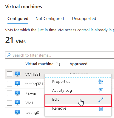 Screenshot showing how to edit the virtual machine from the configuration page.