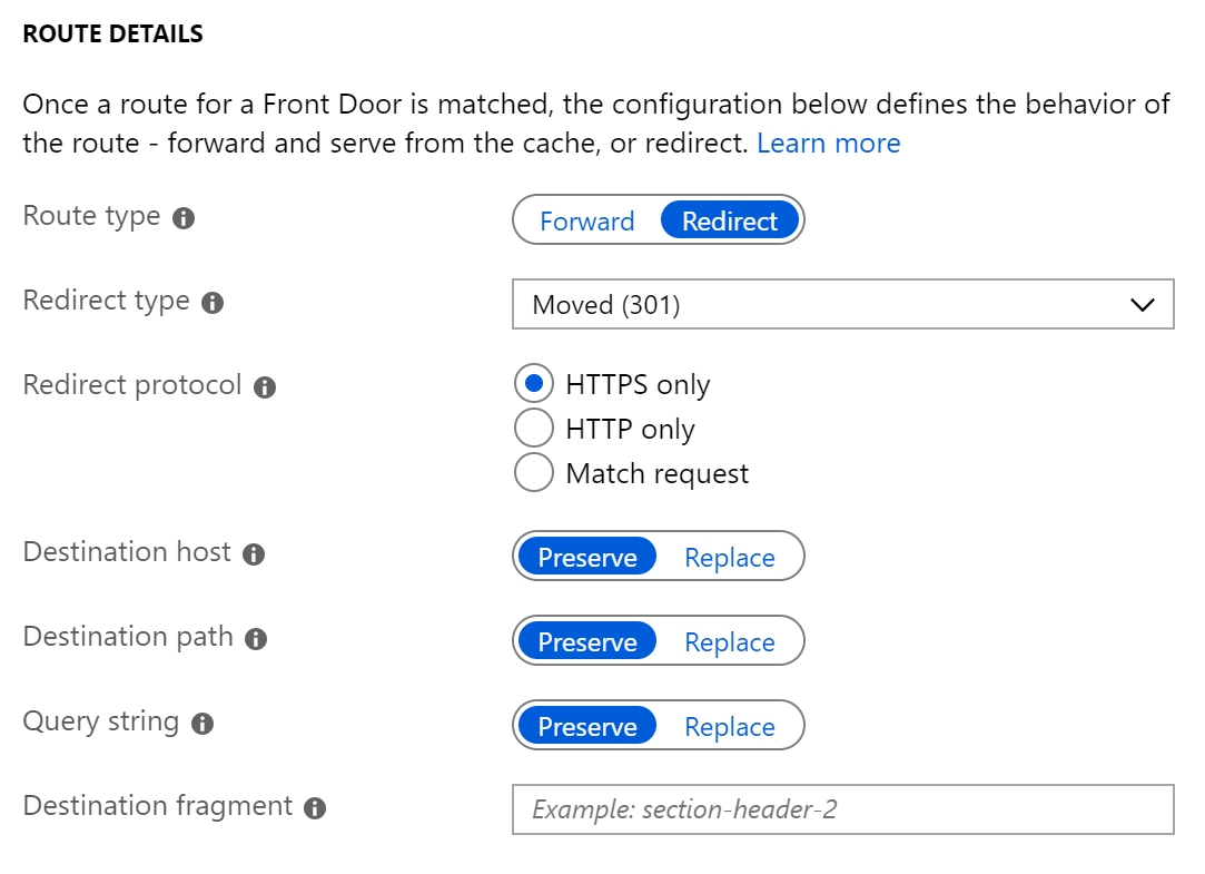 Azure Portal configure route details