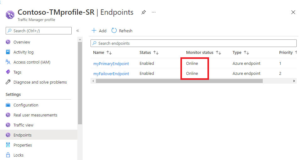 View list of endpoints in Traffic Manager profile - 'Monitoring status' highlighted