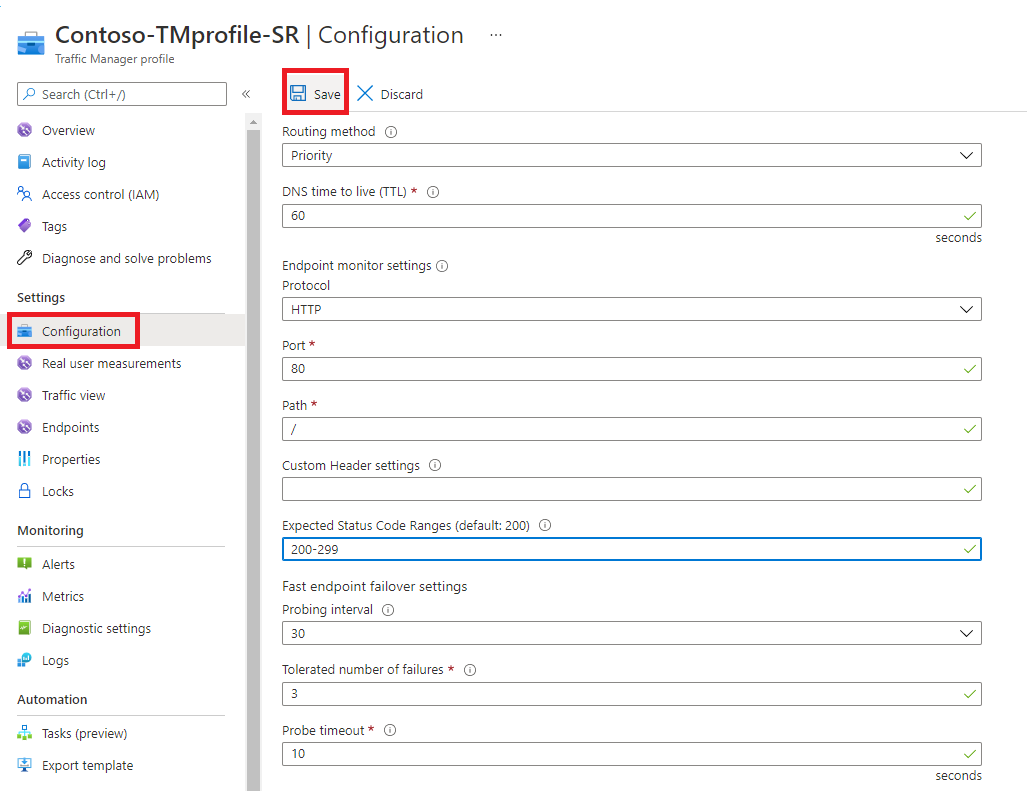 Traffic Manager - Endpoint configuration - Save