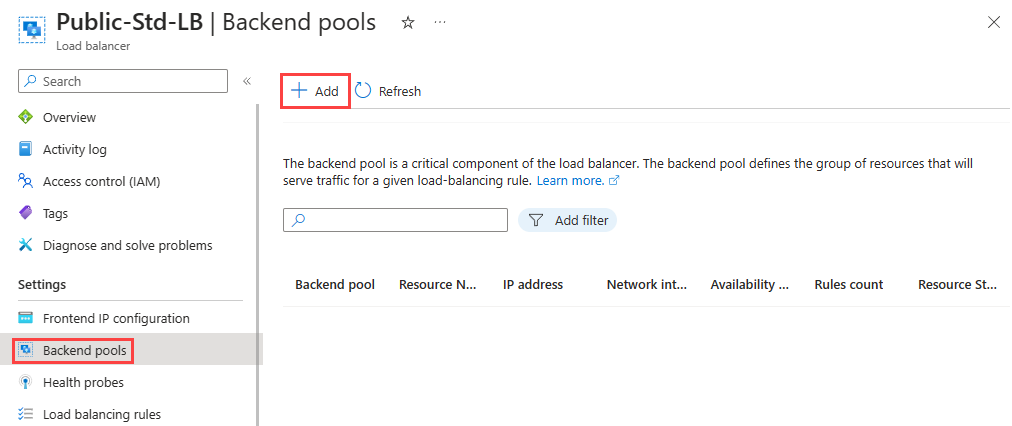 Screenshot of Load Balancer page and Backend pools window.