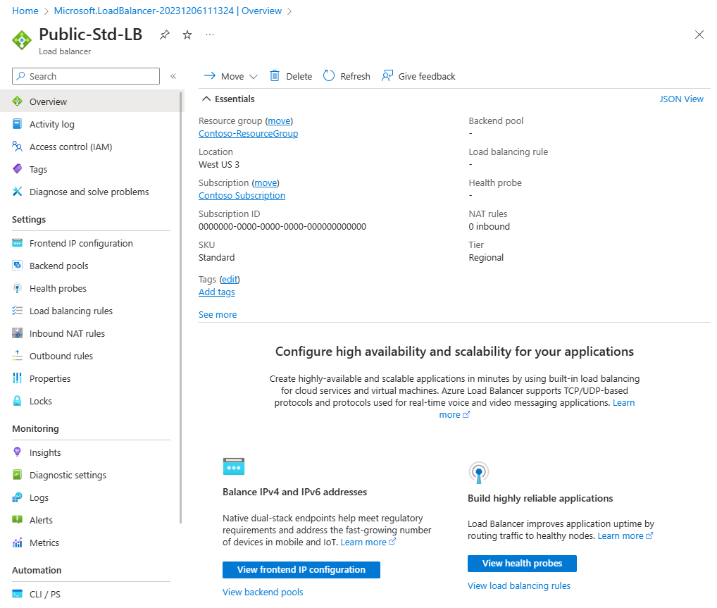 Screenshot of View load balancer resource Overview page in Azure portal.