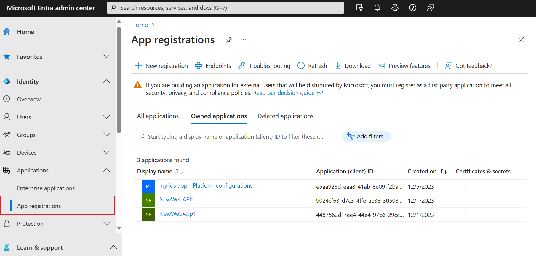 Screenshot showing the application registrations page.