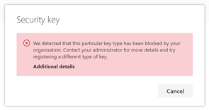 Screenshot showing the security key restricted error notification.