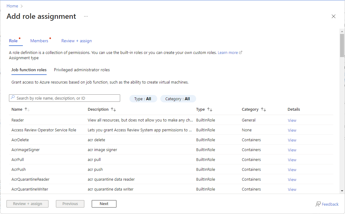 Screenshot showing the add role assignment page in the Azure portal.
