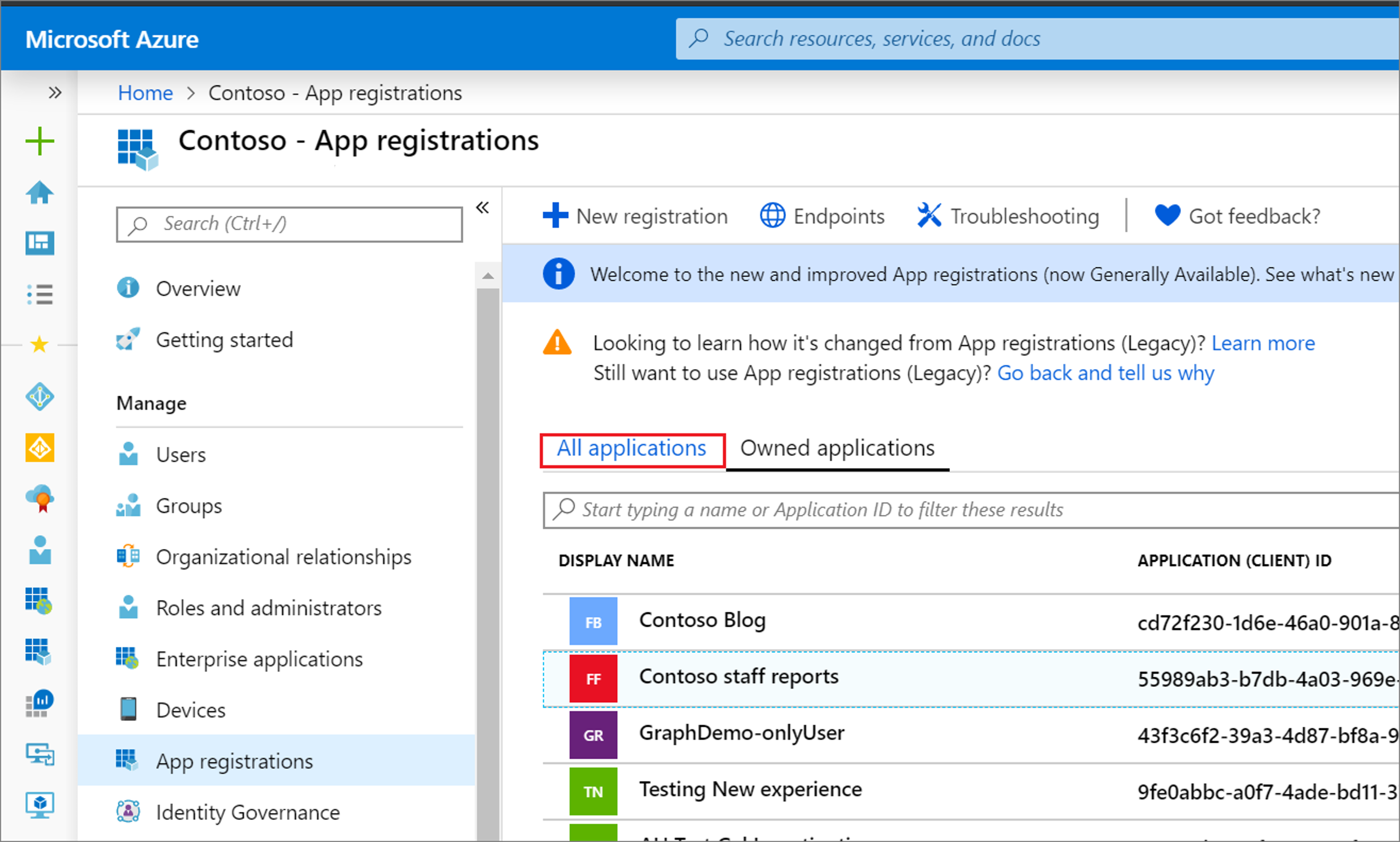 Screenshot showing the applications registration page in the Microsoft Entra admin center.
