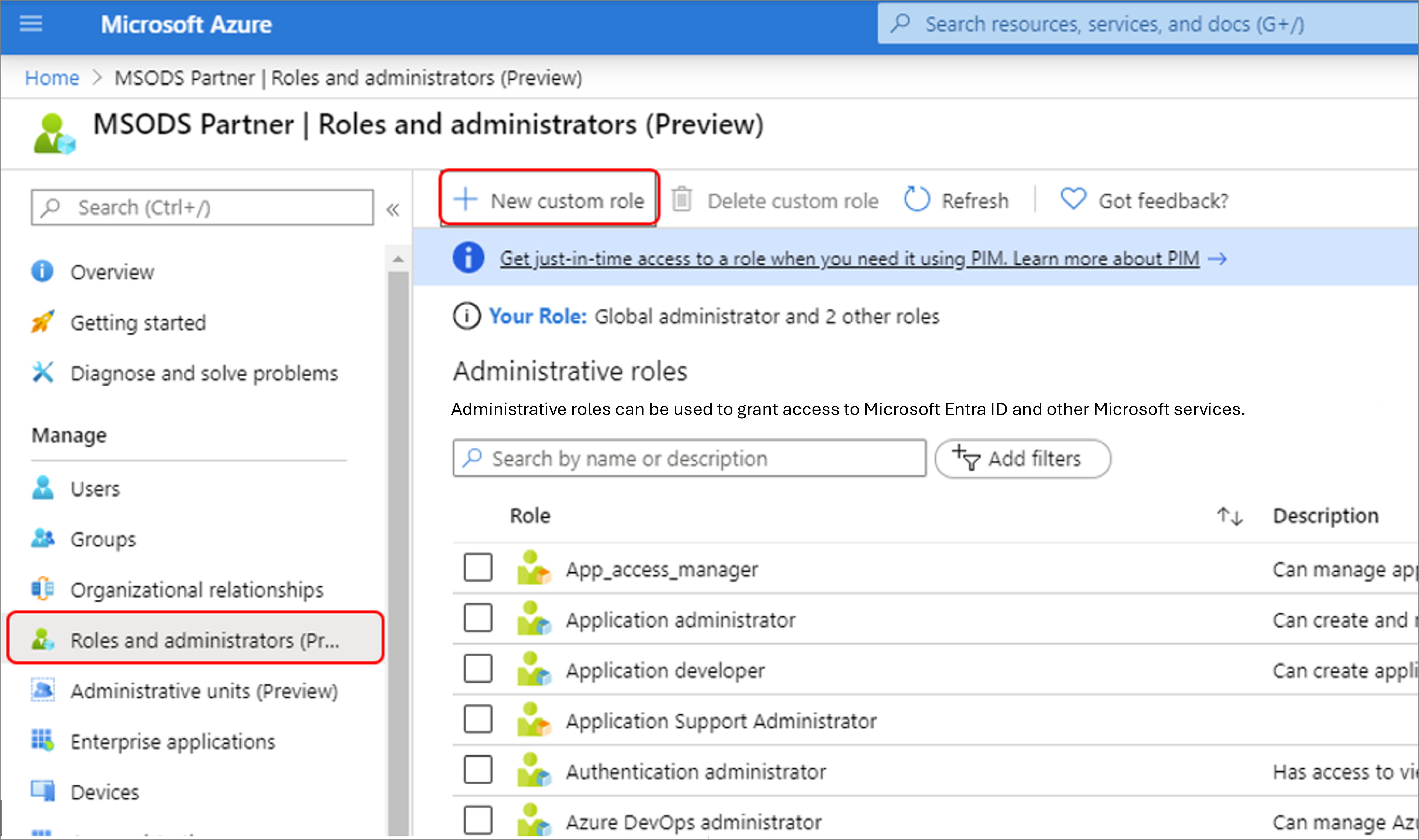 Screenshot showing how to create a new custom role in the Microsoft Entra admin center.