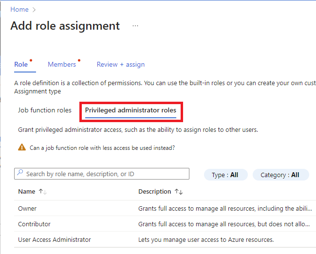 Screenshot showing the privileged administrator role assignment in the Azure portal.