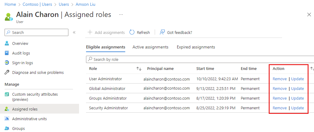 Screenshot showing eligible assignments and available remove or update actions in the Azure portal.