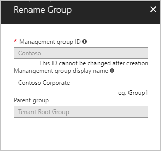 Screenshot showing the rename group menu tab in the Azure portal.
