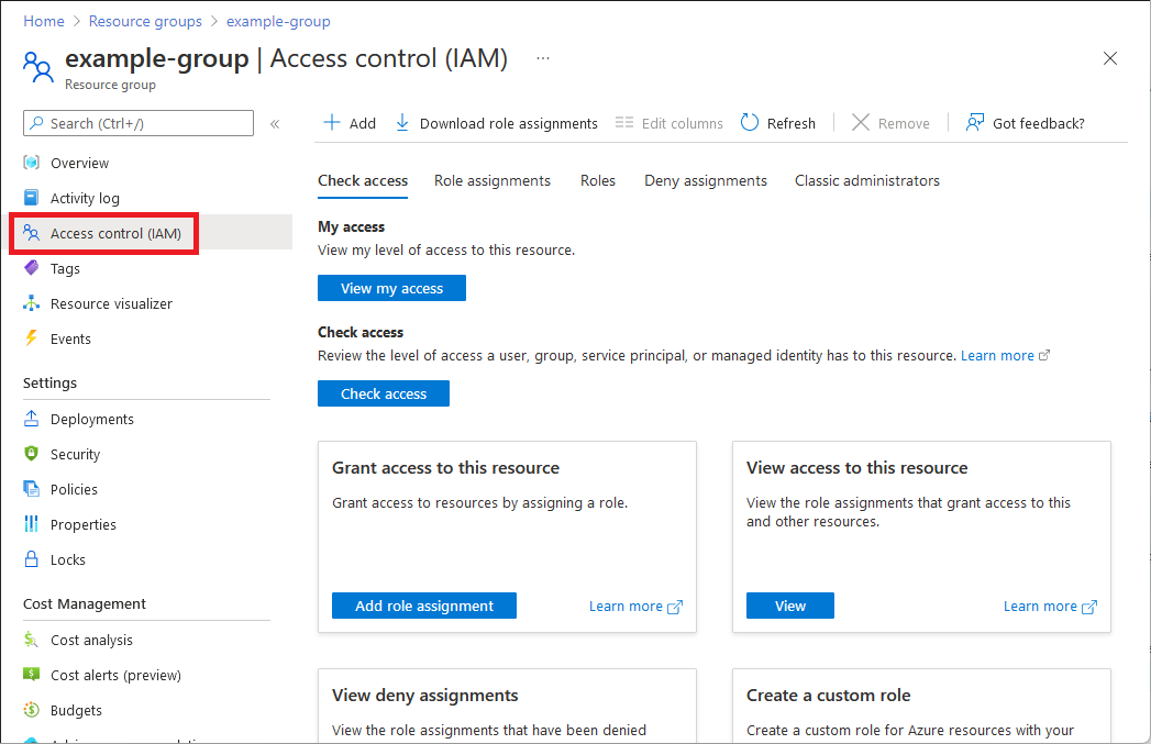 Screenshot showing an example of the Identity and Access Management controls in the Azure portal.