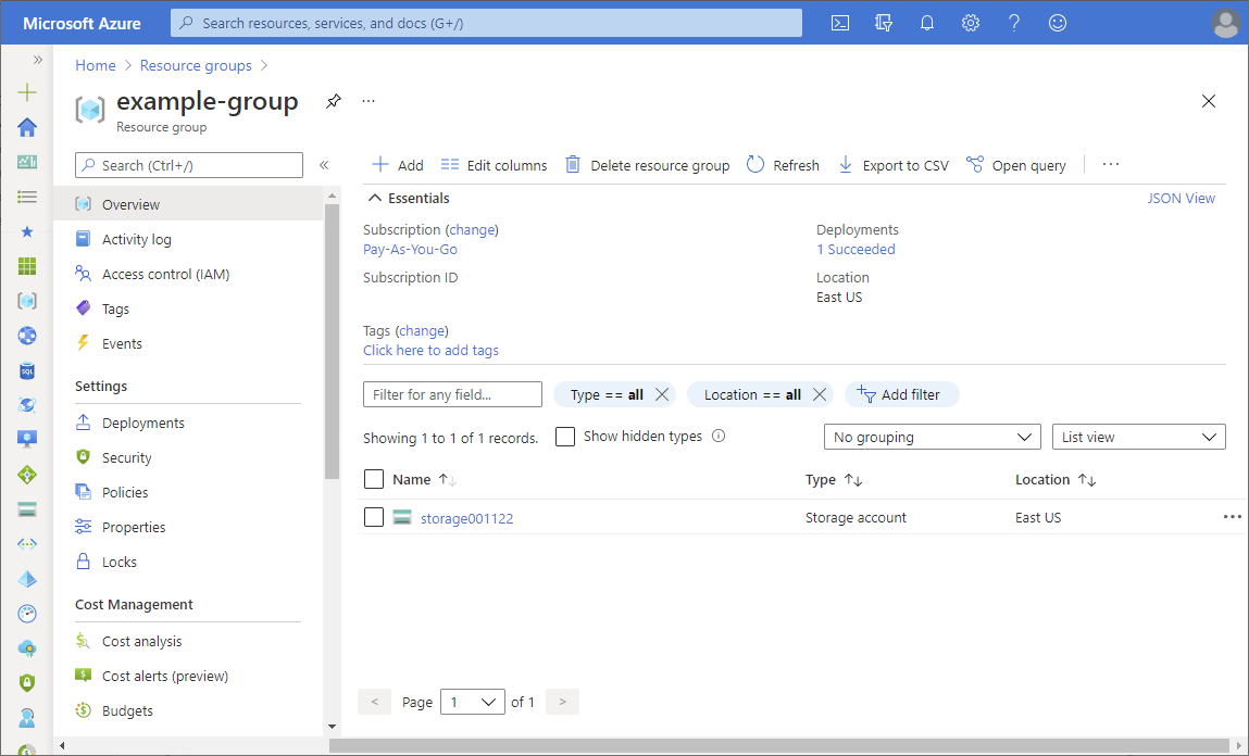 Screenshot showing an example of an Azure reource group.