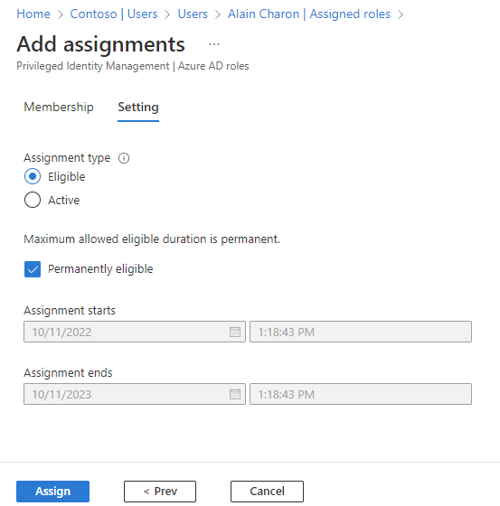 Screenshot showing how to add an eligible or active assignment in the Azure portal.