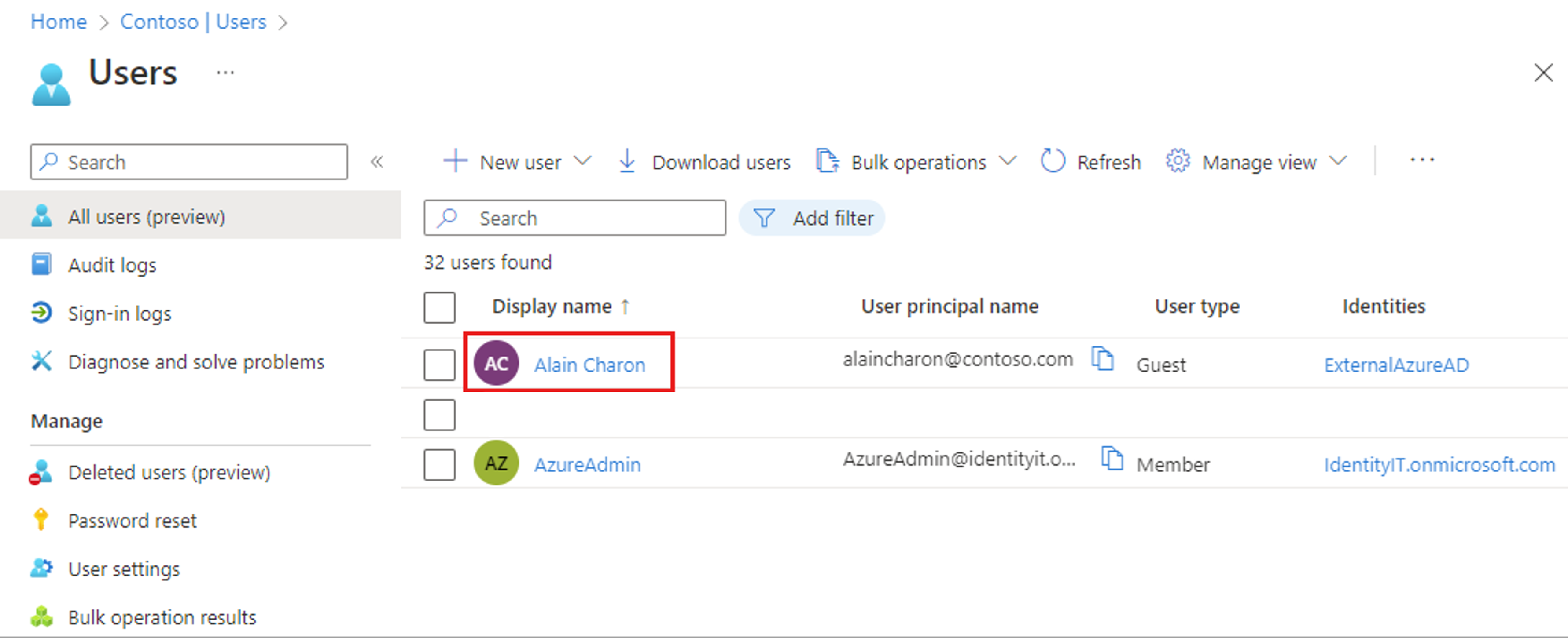Screenshot showing a list of principal users in the Azure portal.