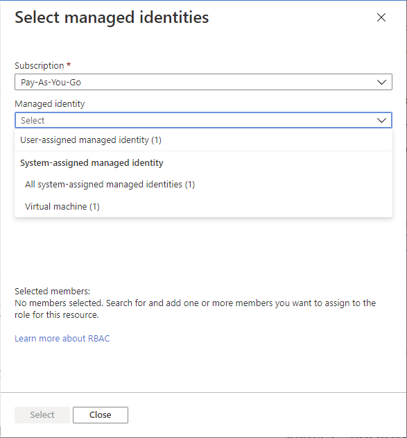 Screenshot showing how to select a user or system assigned managed identities.