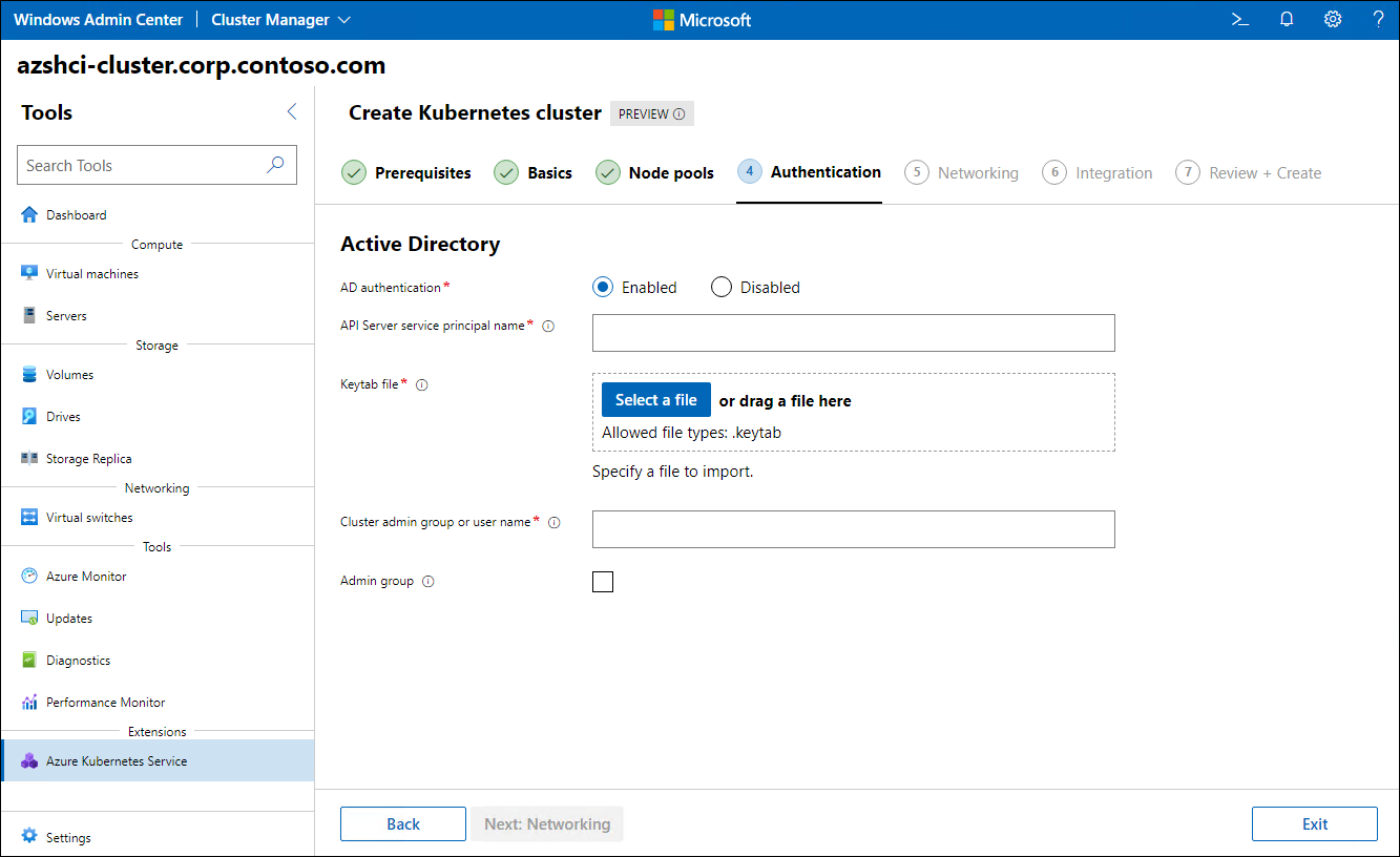 The screenshot depicts the Authentication step of the Create Kubernetes cluster wizard in Windows Admin Center.