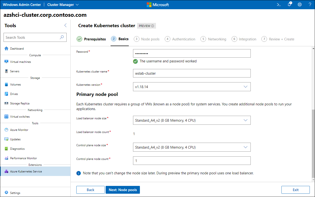 The screenshot depicts the Kubernetes version and the primary node pool settings of the Basics step of the Create Kubernetes cluster wizard in Windows Admin Center.