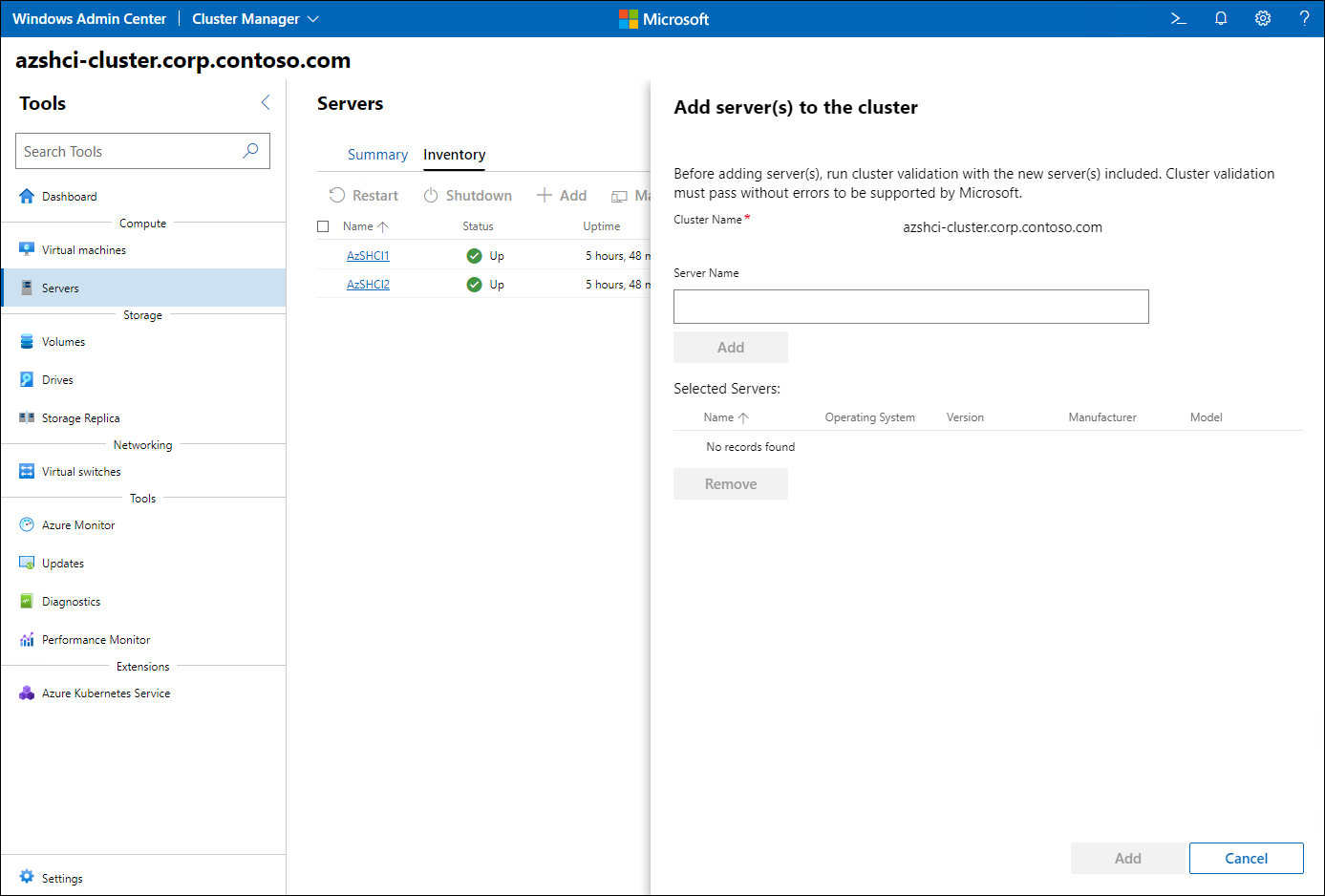 The screenshot depicts the Cluster Manager interface of Windows Admin Center displaying the Add server(s) to the cluster pane.