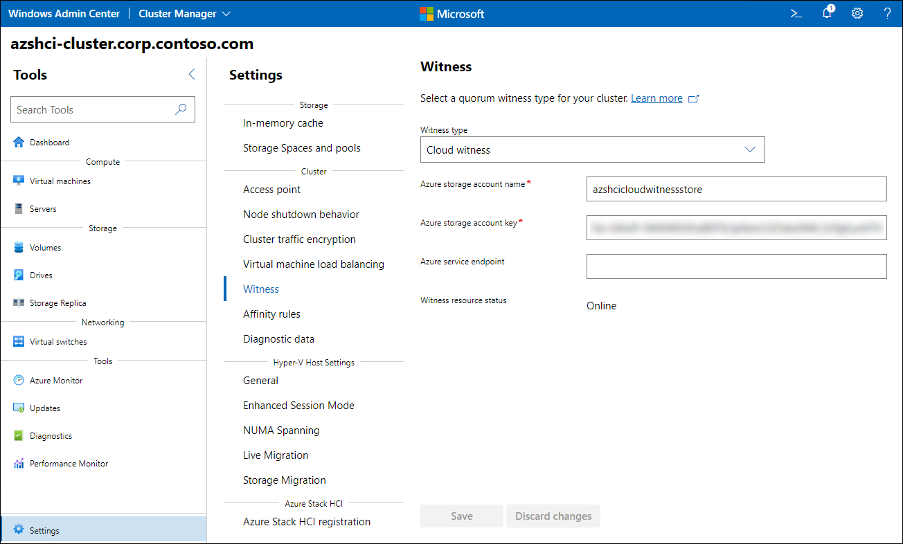 The screenshot depicts the Cluster Manager interface in Windows Admin Center with the witness configuration completed.