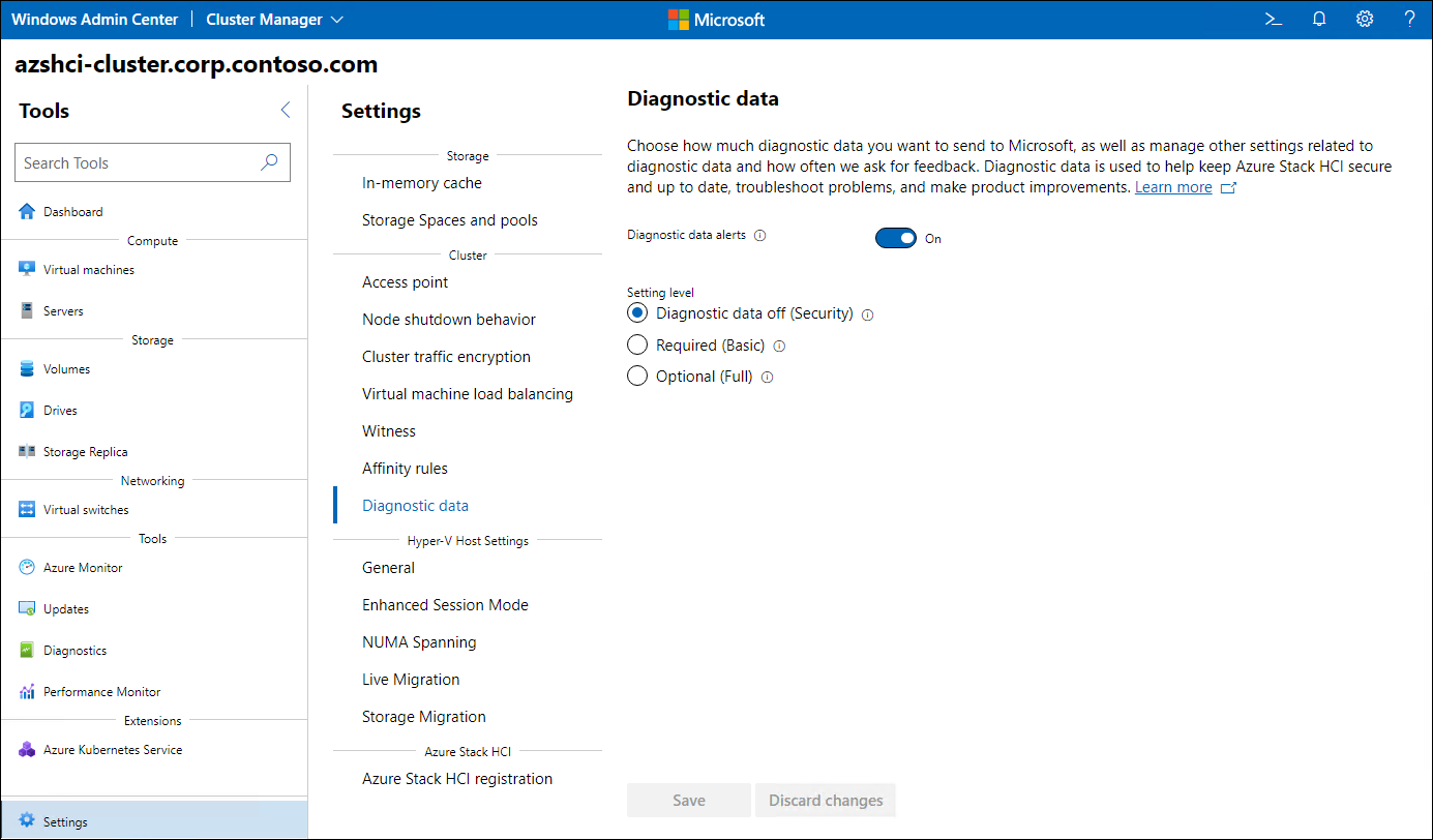 The screenshot depicts the diagnostic data settings of an Azure Stack HCI cluster.