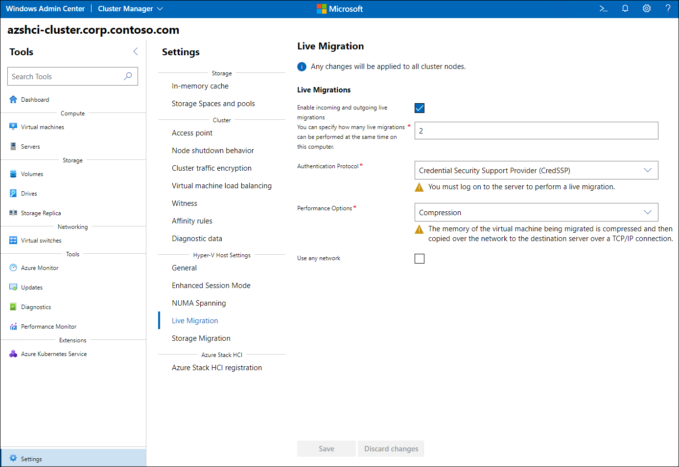 The screenshot depicts the Live Migration settings of an Azure Stack HCI cluster.