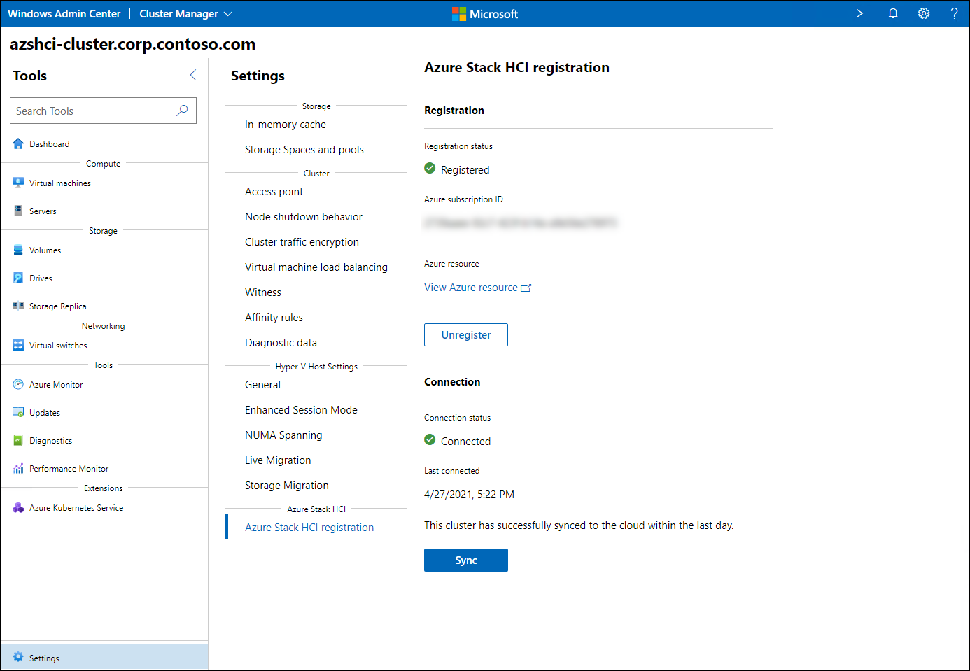 The screenshot depicts the Register Azure Stack HCI settings of an Azure Stack HCI cluster.