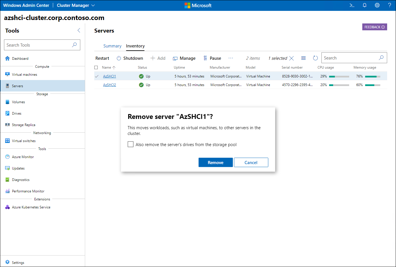 The screenshot depicts the Cluster Manager interface of Windows Admin Center displaying the remove server confirmation prompt.