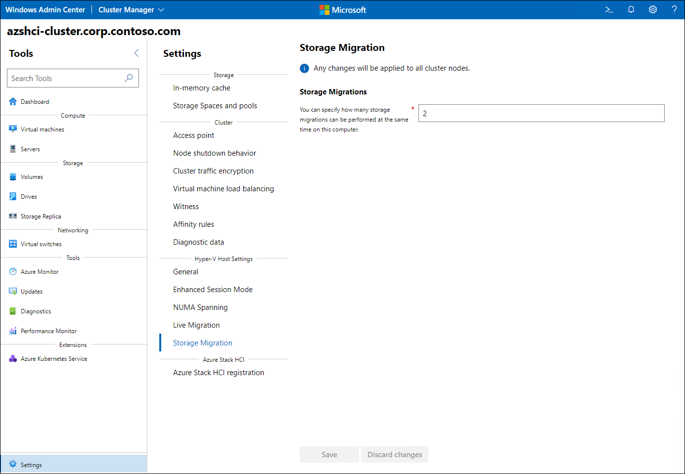 The screenshot depicts the Storage Migration settings of an Azure Stack HCI cluster.