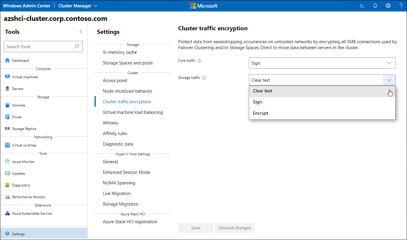 The screenshot depicts the cluster traffic encryption settings of an Azure Stack HCI cluster.