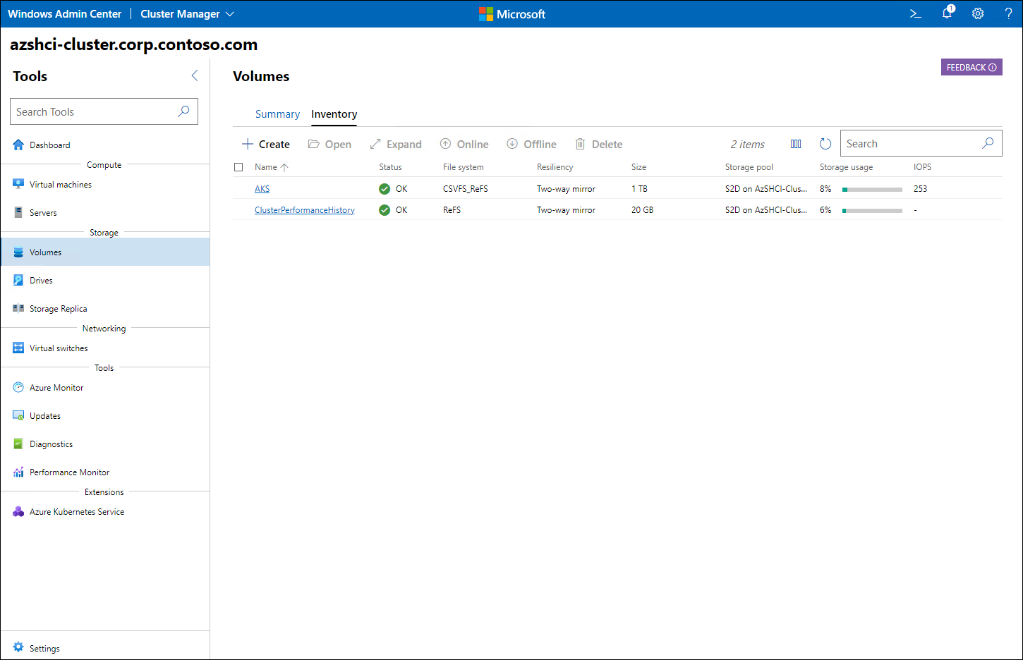 The screenshot depicts the Windows Admin Center interface displaying the listing of volumes with the healthy status, which is labeled OK.