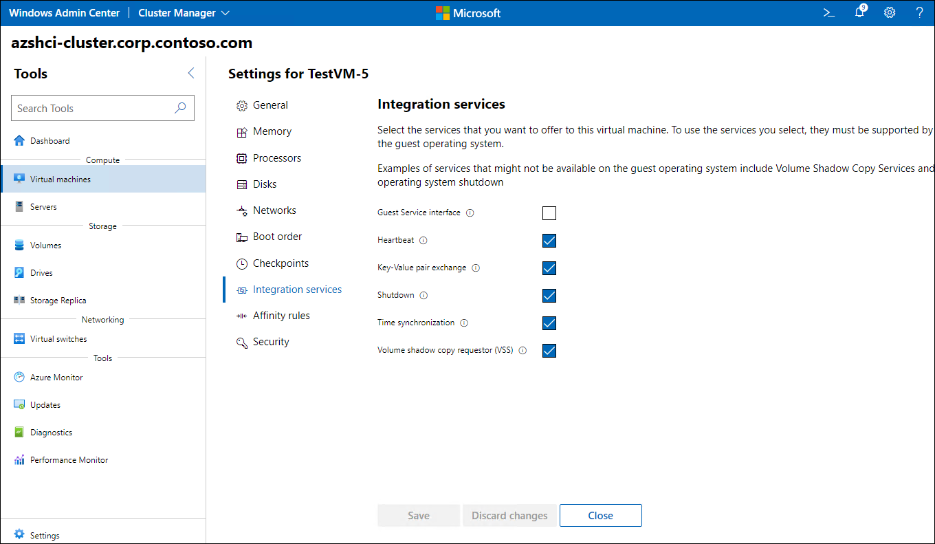 The screenshot depicts a VM's **Settings** pane in Windows Admin Center. In this pane, you can modify the VM's memory, processor, disks, and networking configuration; change the boot order; enable or disable integration services; set up affinity rules and checkpoints; and control security settings such as Secure Boot, encryption, and shielding.