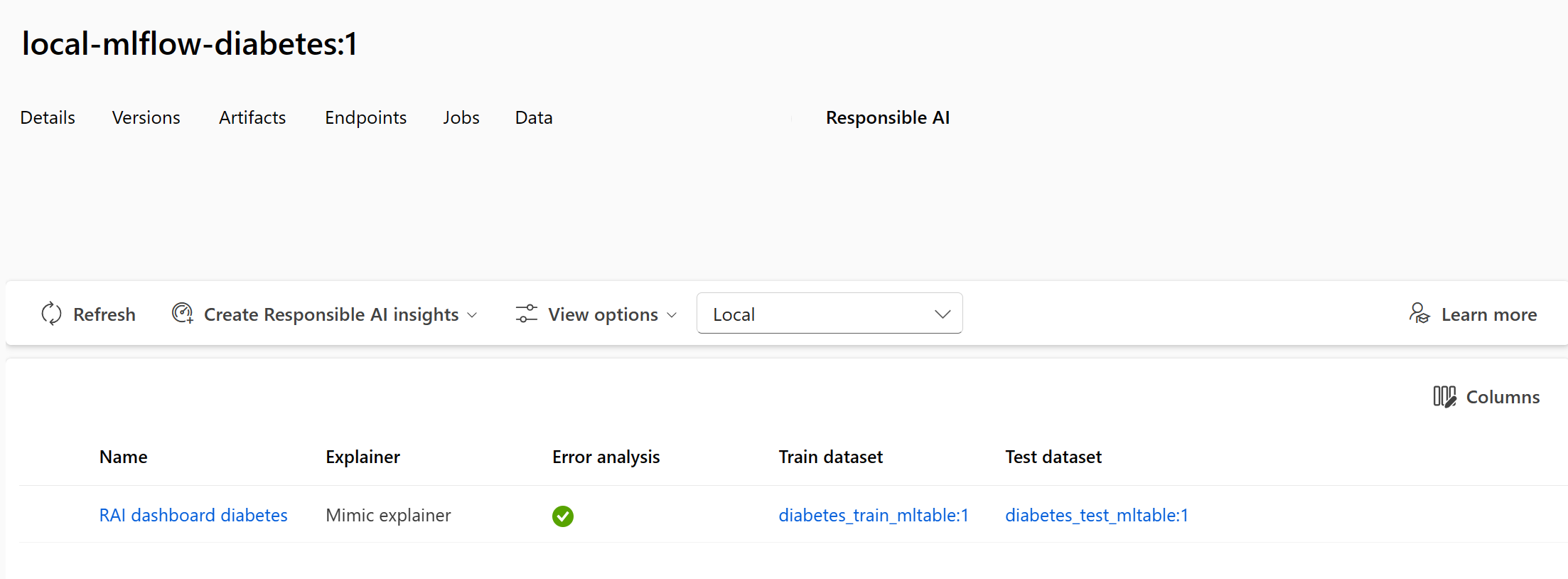 Screenshot of the Responsible AI tab of the registered model in the Azure Machine Learning studio.