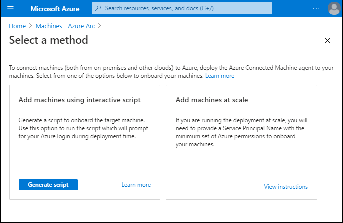 A screenshot of the Select a method page of the Azure Arc Machines node. Two options are available: Add machines using an interactive a script, and Add machines at scale.