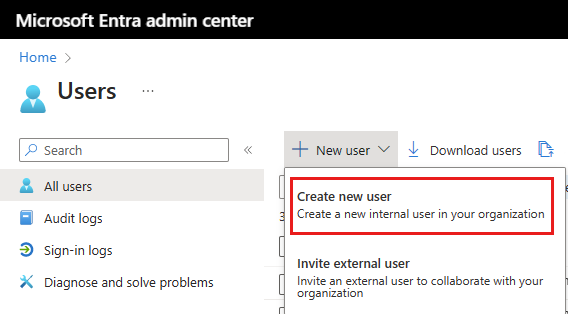 Screenshot showing how to create a new user in the Microsoft Entra administration center.