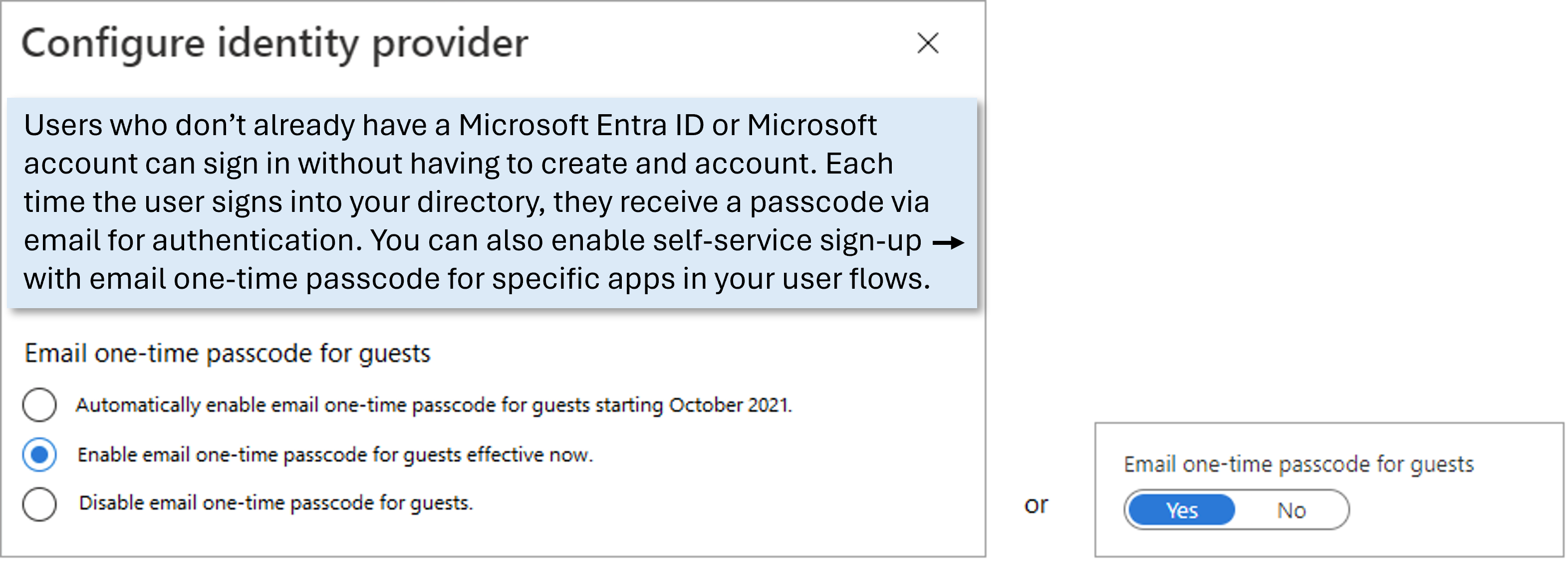 Screenshot showing how to configure an identity provider email with a one-time passcode.