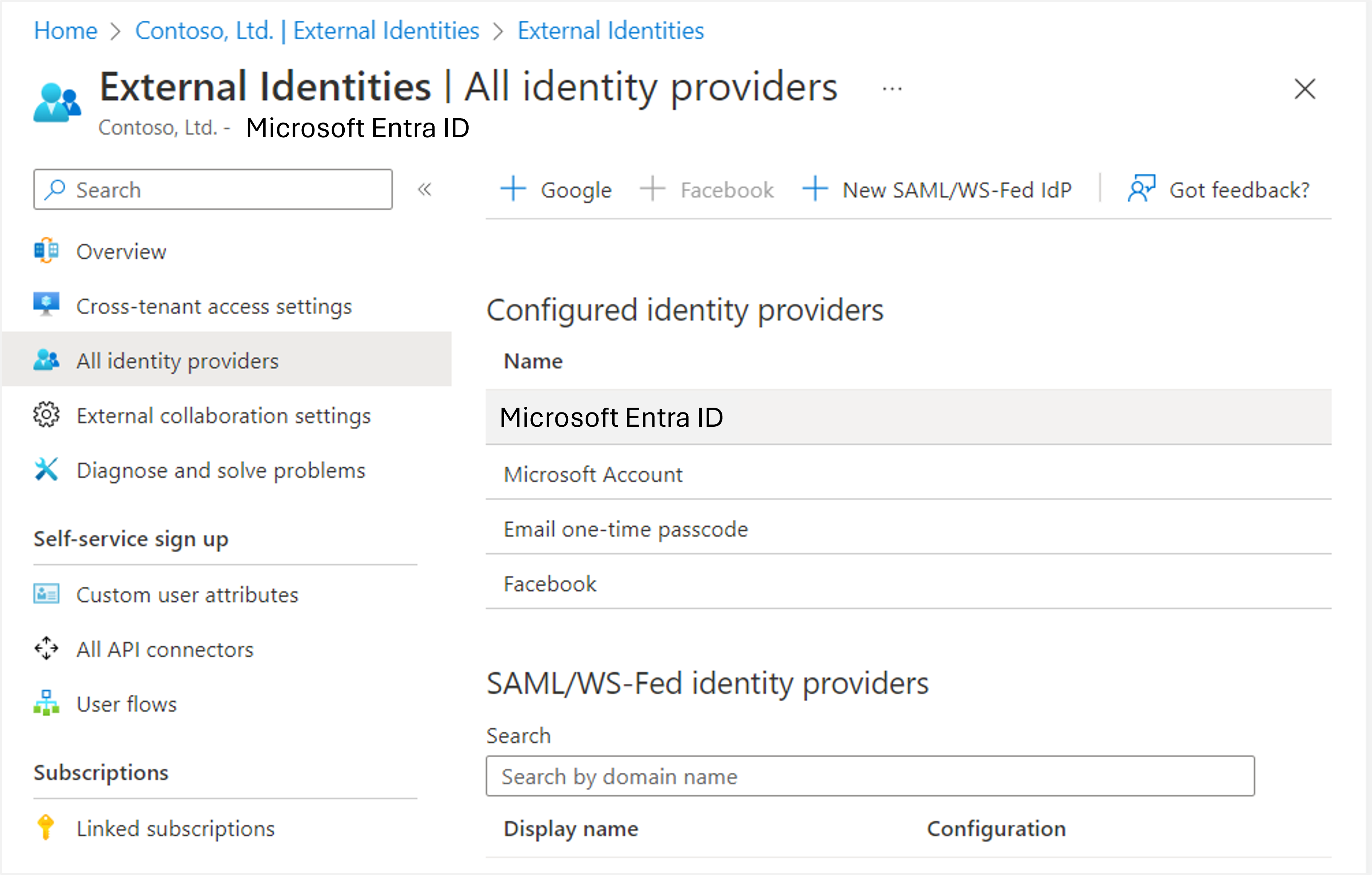 Screenshot showing the external identities configuration and settings page in the Azure dashboard.