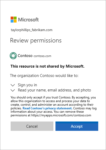 Screenshot showing the review permissions template that is used to invite guest users.